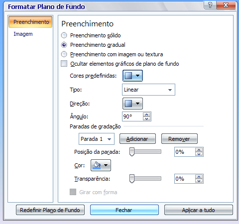 MS PowerPoint 2007 Depois escolher entre as opções clicar Aplicar a tudo para aplicar a mudança a todos os slides, se for alterar apenas o slide atual clicar em fechar.