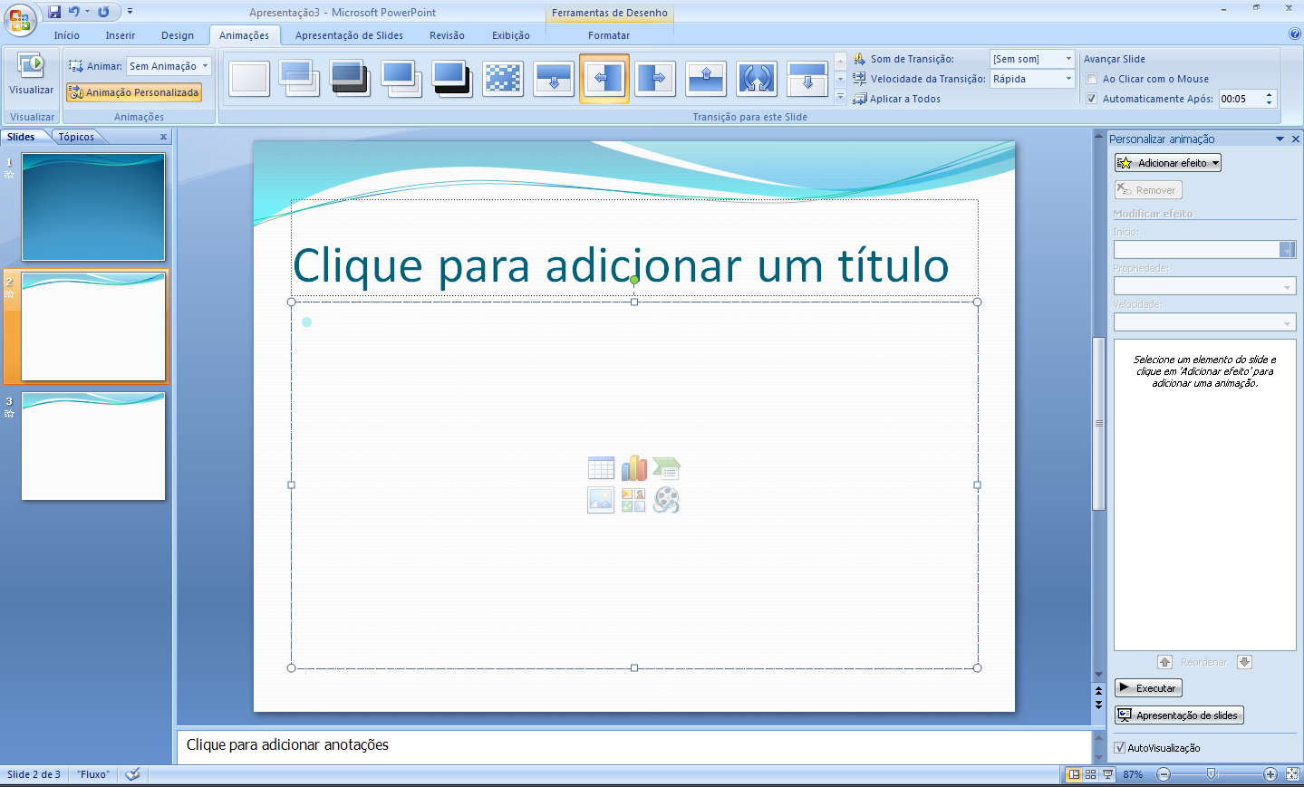 MS PowerPoint 2007 Personalizar Animação Você já sabe que cada slide pode ser configurado para aparecer na tela de diversas formas; com tempos automáticos, com cores diversas, etc.