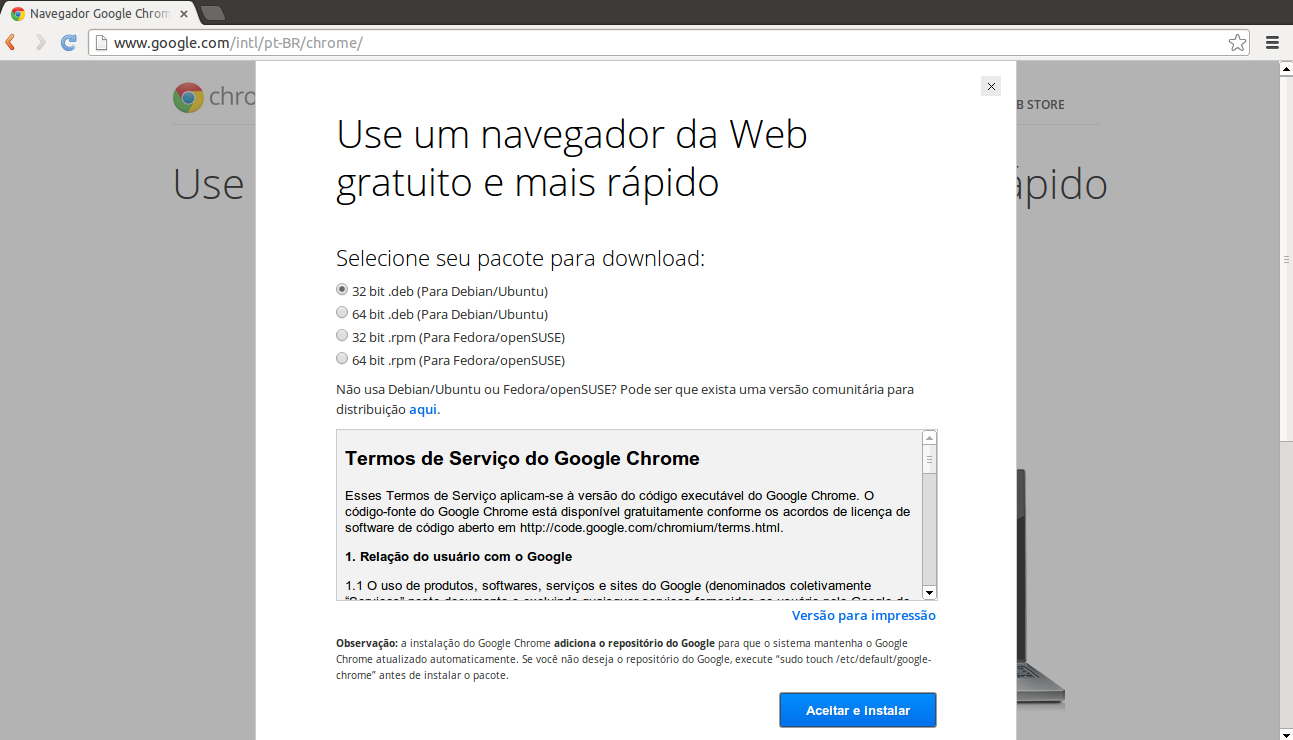 Instalando o Google Chrome Podemos instalar o Google Chrome no Ubuntu sem problemas, e é possível também instalar o Chromium, que é a versão open source do navegador do Google através da Central de