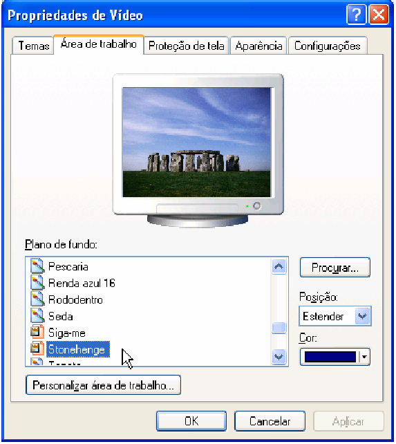 71 20 Aparências e Temas A propriedade de vídeo possui configurações que modificam a aparência da área de trabalho como pano de fundo, proteção tela, cores, tamanhos de fontes e resolução de tela,