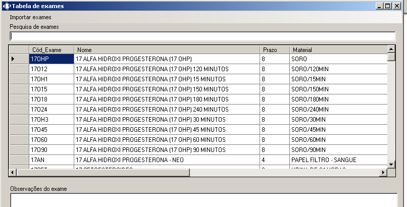 8 Tabela de exames. Nesta opção,, permite que o cliente baixe a lista de exames que é realizado no DB.
