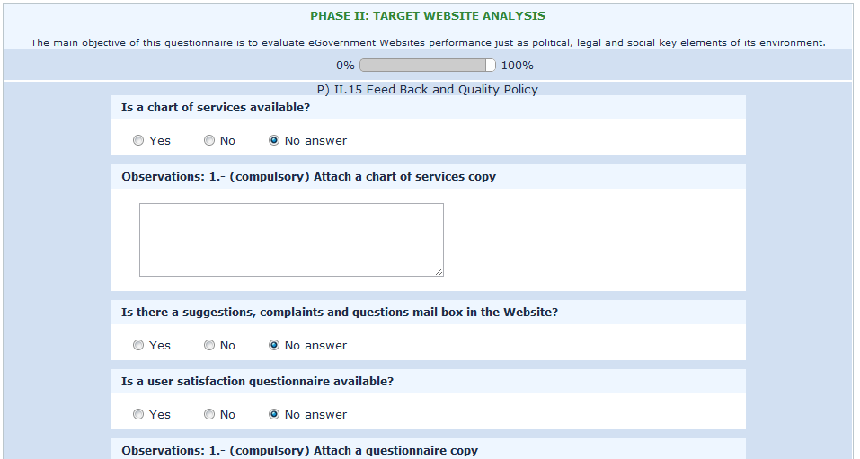 FASE 2: ANÁLISE DO WEBSITE A lista de serviços está disponível P) Feedback e Política de qualidade Observação 1: Anexe uma cópia da lista de serviços Existem