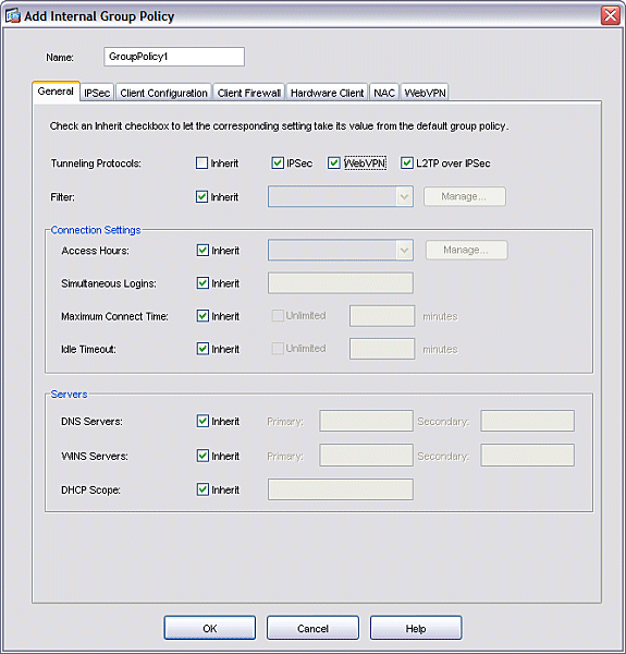 Selecione Add Internal Group Policy. Desmarque a caixa de seleção Tunneling Protocols: Inherit.