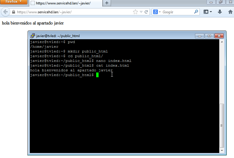 Accedemos mediante ssh ao servidor com o utilizador javier e criamos a pasta