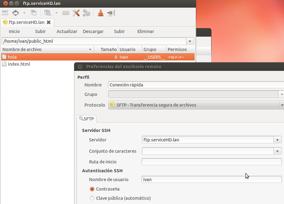 No cliente Ubuntu acedemos mediante SFTP ao servidor com o utilizador