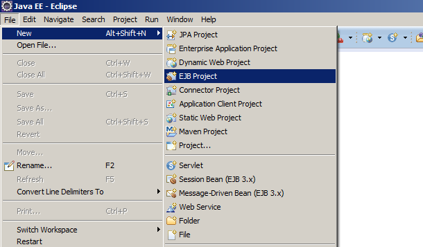 2. Criando um projeto EJB no Eclipse No Eclipse, clique em File > New > EJB Project, como mostra a figura 1.