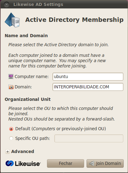 49 Figura 13: Ingressando o Ubuntu 10.04 LTS no Active Directory 5.1.2.