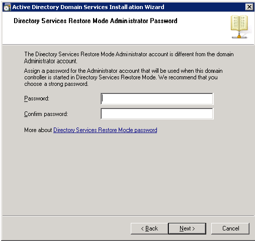 82 Figura 38: Directory Services Restore Mode Administrator Password Em Location for Database, Log Files, and SYSVOL defini-se onde será armazenado o banco de dados do Active Directory, os arquivos