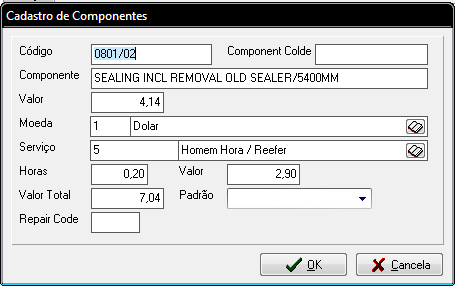 REPAROS - Recursos de Software Cadastro de Componentes Componentes de reparos de um cliente