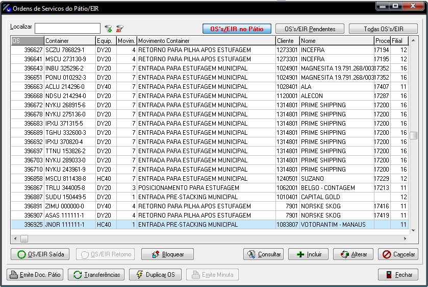 PÁTIO - Recursos de Software Saída de container Registro de OS para o movimento.