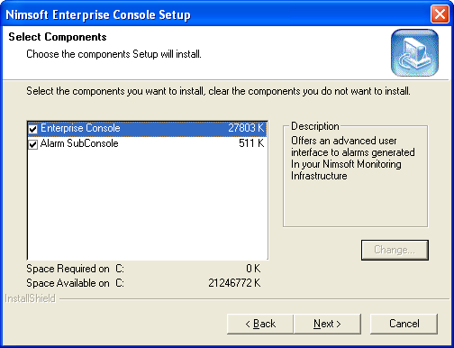 O Assistente de instalação do Nimsoft Server Observação: após cada um desses consoles ser instalado com êxito, você talvez seja solicitado a reiniciar o computador.