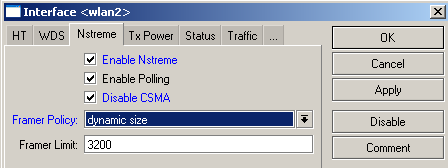 Protocolo Nstreme-Configuração Framer Policy Dynamic size: O Mikrotik determina. Best fit: Agrupa até o valor em Frame Limit sem fragmentar.