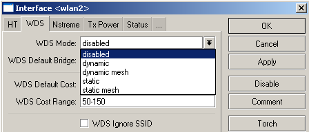 WDS / WDS MESH WDS Default Bridge: A bridgepadrão para as interfaces wds. WDS Default Cost: Custo da porta bridgedo link wds.