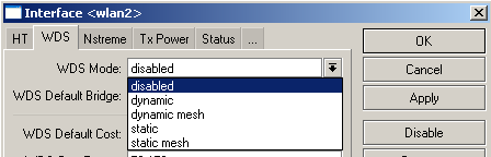 WDS / MESH Altere o modo de operação da wireless para: ap-bridge WDS: Selecione o modo wds dynamic-mesh.