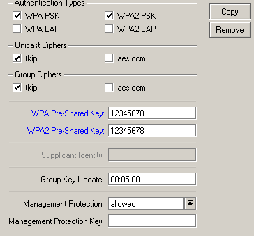 Chave WPA e WPA2 -PSK A configuração da chave WPA/WAP2-PSK é muito simples no Mikrotik.