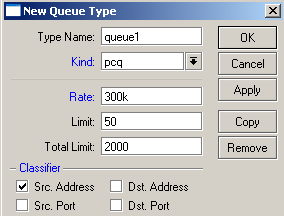 Controle de tráfego Tipos de fila PCQ: Se os pacotes são classificados pelo endereço de origem, então todos os pacotes com diferentes endereços serão organizados em sub-filas diferentes.