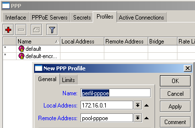 Configuração do Servidor PPPoE 1. Primeiro crie um pool de IPspara o PPPoE. /ip pool add name=pool-pppoe ranges=172.16.0.2-172.16.0.254 2.
