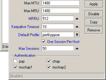 Configuração do Servidor PPPoE 4. Adicione o Servidor PPoE Service Name= Nome que os clientes vão procurar (pppoe-discovery). Interface= Interface onde o servidor pppoevai escutar.