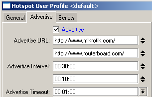 HotSpot Perfil de Usuários Com a opção Advertise é possível enviar de tempos em tempos popups para os usuários do HotSpot. Advertise URL: Lista de páginas que serão anunciadas.