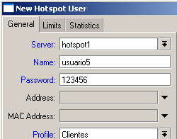 HotSpot Usuários Server: all para todos hotspots ou para um específico. Name: Nome do usuário. Se o modo Trial estiver ativado o hotspot colocará automaticamente o nome T- MAC_Address.