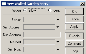 HotSpot WalledGarden Action: Permite ou nega. Server: Hotspot para o qual o walled garden vale. Src.Address: Endereço IP do usuário requisitante. Dst. Address: Endereço IP do web server.