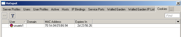 HotSpot Cookies Quando configurado o login por cookies, estes ficam armazenados no hotspot com nome do usuário, MAC e tempo de validade.