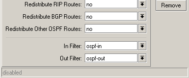 OSPF -Opções Router ID: Geralmente o IP do roteador. Caso não seja especificado o roteador usará o maior IP que exista na interface. Redistribute Default Route: Never: nunca distribui rota padrão.