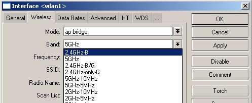 Configurações Físicas 2.4Ghz 2.4Ghz-B: Modo 802.11b, que permite velocidades de 1 à 11 Mbps e utiliza espalhamento espectral. 2.4Ghz-only-G: Modo 802.
