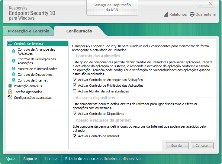 M A N U A L D O A D M I N I S T R A D O R JANELA DE CONFIGURAÇÃO DA APLICAÇÃO A janela de configuração do Kaspersky Endpoint Security permite configurar as configurações globais da aplicação, os