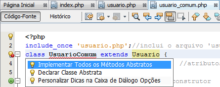 Portanto, para implementar automaticamente o método logar no NetBeans, coloque o cursor do mouse na linha que está ocorrendo o erro (no caso linha 3) e tecle ALT+ENTER: Selecione a alternativa