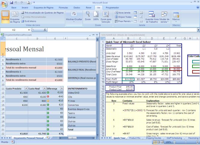 Para facilitar a visualização dos documentos abertos, deve seleccionar o separador Ver do friso do Excel.