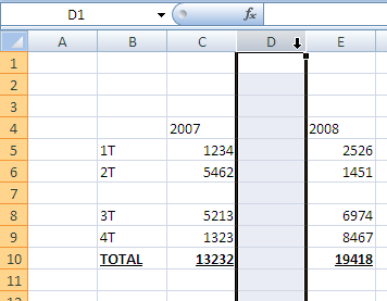 O mesmo processo é válido para as colunas: Manual Prático Microsoft Excel 2007 1. Clique na letra correspondente à coluna, seleccionando assim toda a coluna.