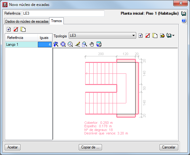 135 Fig. 1.304 Prima Aceitar. Pretende-se indicar ao programa que esta escada percorre 4 lanços de piso consecutivos, ou seja, do Piso 1 até à planta Desvão.
