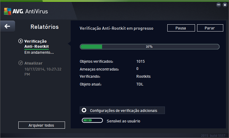 Iniciar verificação Verificar se há rootkits no computador pode ser iniciado diretamente na caixa de diálogo Opções de verificação clicando no botão Verificar se há rootkits no computador.