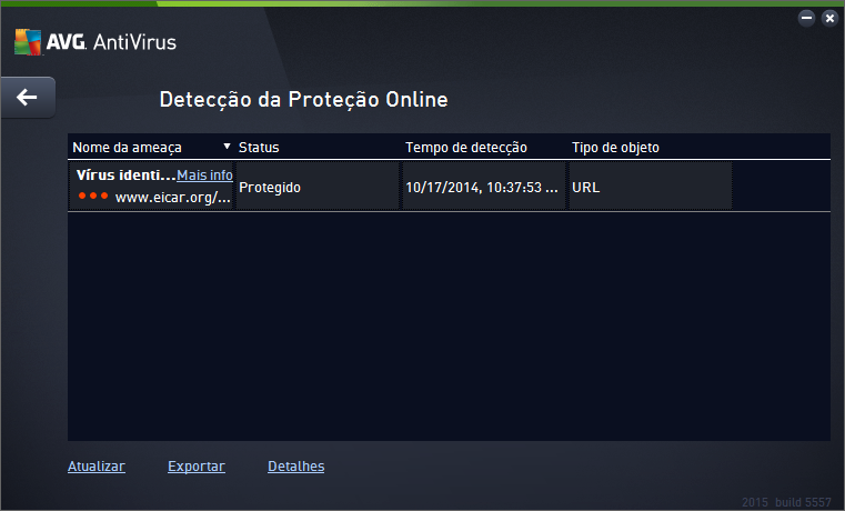 Para cada objeto detectado, as seguintes informações são fornecidas: Nome da Ameaça descrição (possivelmente, até mesmo o nome) do objeto detectado e sua fonte (página web); o link Mais informações