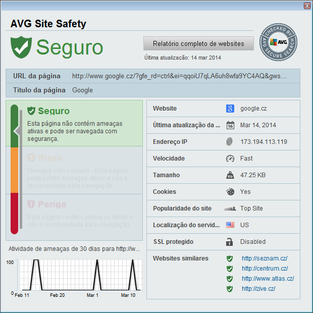 Segurança do Site este botão abre um novo diálogo fornecendo informações sobre o nível de ameaça atual (Seguro) da página que você está visitando.