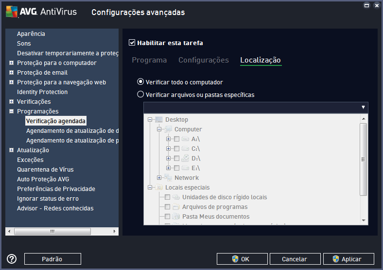 Na guia Localização, você pode definir se deseja programar a verificação de todo o computador ou a verificação de arquivos e pastas.