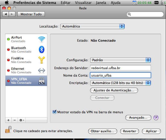 5º PASSO: Escolha a opção PPTP para o campo Tipo VPN: depois tecle o nome do serviço: VPN_UFBA e clique em Criar conforme tela abaixo.