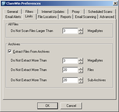 Figura 1 Configuração do Clamwin Especificando o tamanho do arquivo a ser escaneado. Para personalizar esta opção, abra o gerenciador do Clamwin, clique no menu Tools > Preferences > Limits.