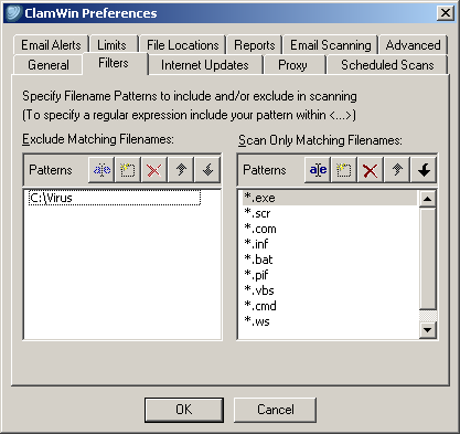 Figura 2 Configuração do Clamwin Especificando as extensões a serem escaneadas Nesta opção, podemos configurar 2 itens importantes: Do lado esquerdo Exclude Matching Filenames, configuramos as pastas