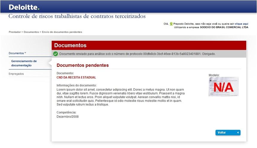 Carga de documentos pendentes Enviando arquivo A imagem abaixo exibe o recurso que permite o envio de documento para uma nova análise, da pendência correspondente.