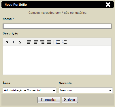 Figura 6 - Formulário de cadastro de portfólios Os campos marcados com * são obrigatórios.