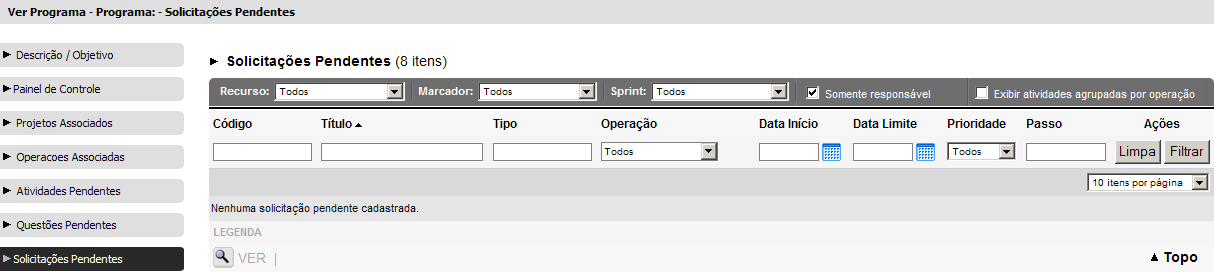 Figura 34 - Listagem de questões pendentes do programa Ações sobre as questões pendentes Encaminhar: pressione para encaminhar a questão pendente para outro recurso do projeto ou operação.