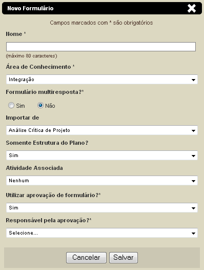 Estrutura: pressione para definir os campos que serão solicitados no formulário, bem como o padrão de texto que será inserido. Editar: pressione para editar as informações cadastrais do formulário.