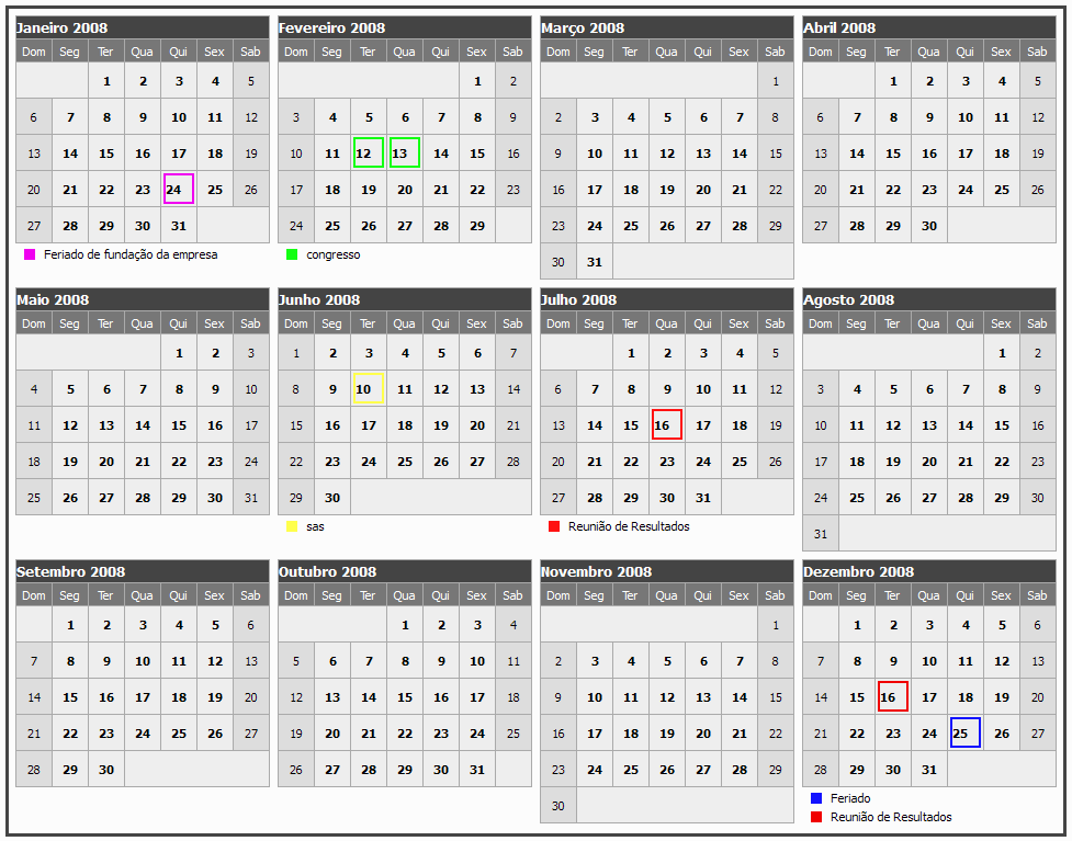 83 10. CALENDÁRIO E REUNIÕES AGENDADAS No software, há um calendário onde é possível cadastrar eventos, feriados e reuniões.