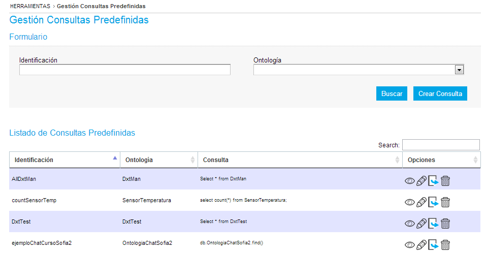 A ferramenta apresenta uma lista de Consultas predefinidas com as opções de Ver, Editar, Executar ou Apagar.