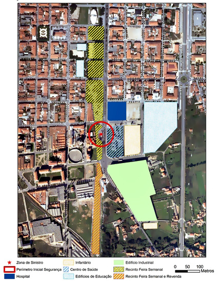 RISCOS - Associação Portuguesa de Riscos, Prevenção e Segurança 172 Fig. 6 Mapa de interdição / condicionamento do trãnsito. Fig. 7 Mapa do perímetro inicial de segurança (50m).