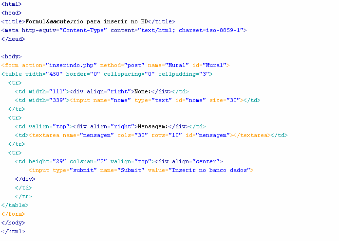 Criando o HTML Iremos criar o html necessário para o usuário inserir os dados que será registrado na tabela tb_mural Observe que nesse formulário