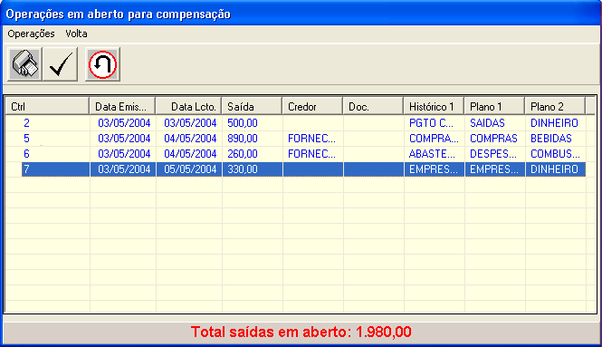 pg.165 1. Na tela de movimentação financeira clique no menu "Compensar">"Compensar Saídas" ou pressione a tecla para exibir a lista com todas as saídas descompensadas. Tela de Compensação de Saídas 2.