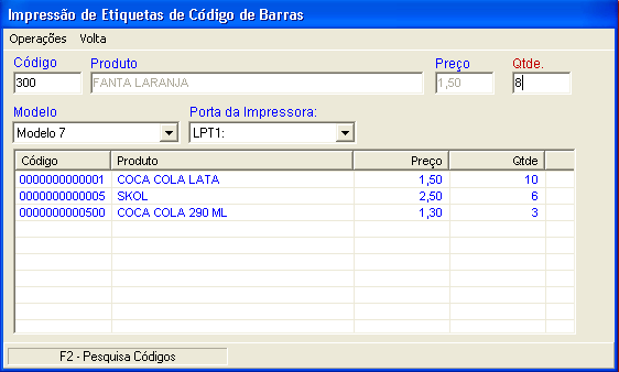 pg.188 Tela de Impressão de Código de Barras 3. Após selecionar os produtos na lista configure um modelo de etiqueta e a porta que sua impressora esta conectada.